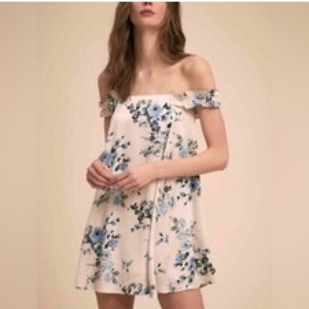 BHLDN‎ Anthropology Cream Blue Floral Babydoll Off The Shoulder Dress Size Small